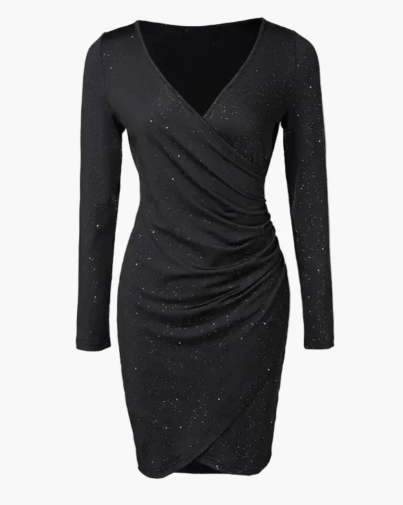 Damen Wickelkleid Elegante Partykleid mit Langarm und Galaxie-Print – Perfekt für Abendanlässe