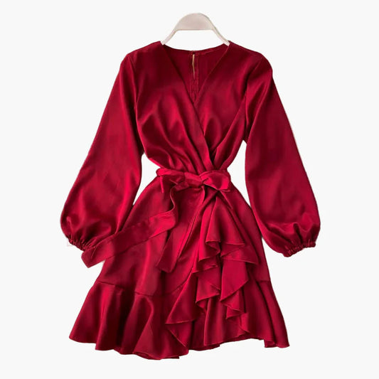 Ladies elegant wrap dress with ruffles and belt – perfect for special occasions