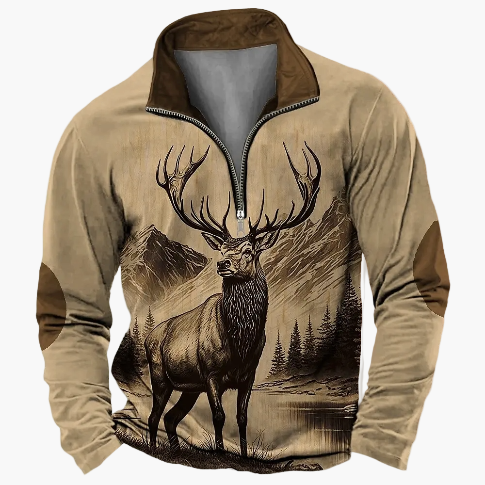 Herren Outdoor Sweatshirt mit Wildtier-Print und Stehkragen – Freizeit & Jagd