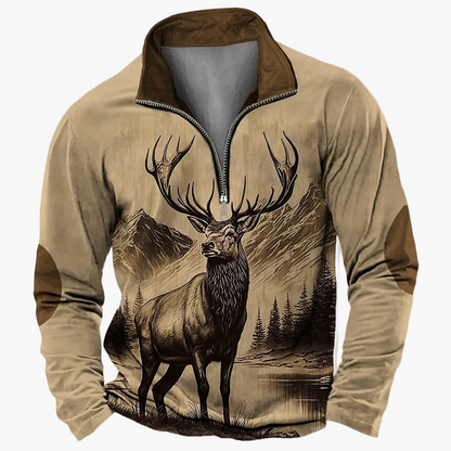 Herren Outdoor Sweatshirt mit Wildtier-Print und Stehkragen – Freizeit & Jagd