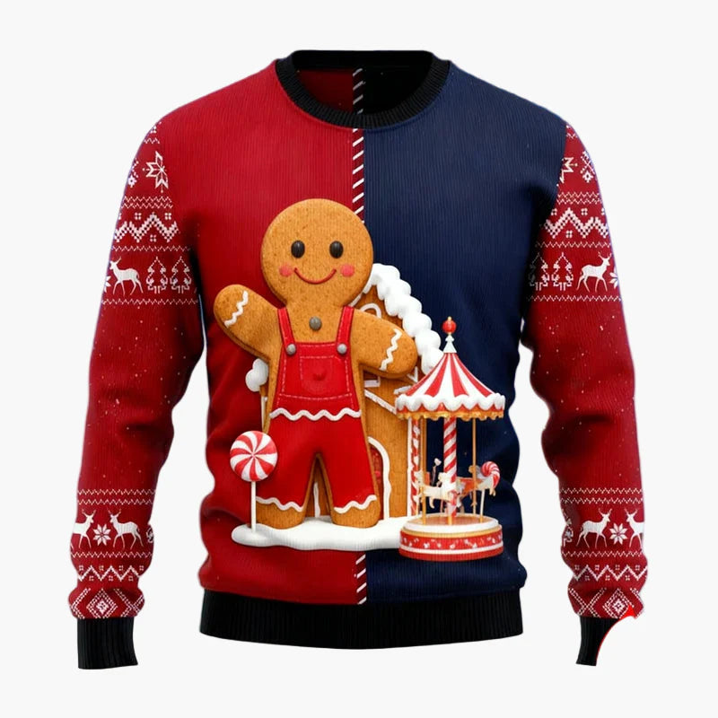 Herren Weihnachtspullover Ugly Christmas Sweater mit Lebkuchenmann, Lebkuchenhaus & Tannenbaum – Lustiger Winterpulli für Weihnachten