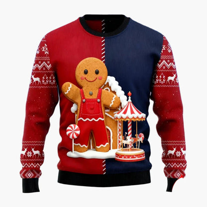 Herren Weihnachtspullover Ugly Christmas Sweater mit Lebkuchenmann, Lebkuchenhaus & Tannenbaum – Lustiger Winterpulli für Weihnachten