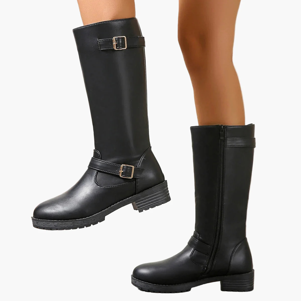 Women's boots with buckles and zipper – Fashionable knee-high boots for autumn and winter