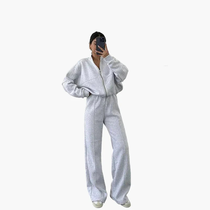 Women's Oversize Casual Suit Two-Piece with Wide Pants and Zipper Jacket – Casual Streetwear Look
