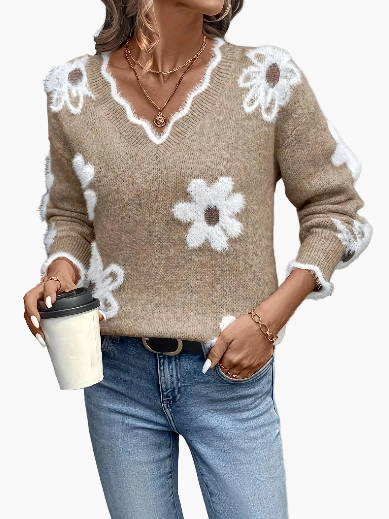Damen Pullover mit Blumenmuster und V-Ausschnitt – Modischer Freizeit-Strickpullover für Alltag und Büro