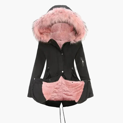 Women's winter parka with hood and faux fur – fashionable outdoor jacket for cold days