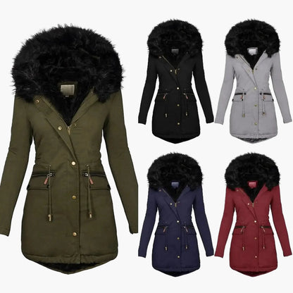Women's winter coat with hood and faux fur – Elegant, lined parka for cold days