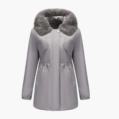 Women's winter jacket with hood and faux fur collar – Elegant parka for cold days