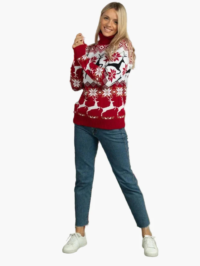 Women's Christmas Sweater with Reindeer and Snowflake Pattern – Fashionable Winter Sweater for Festive Occasions