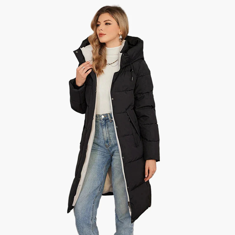 Women's winter quilted coat with hood – long, warm outdoor parka for cold days