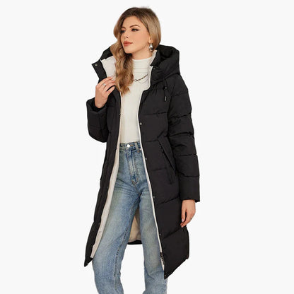 Women's winter quilted coat with hood – long, warm outdoor parka for cold days