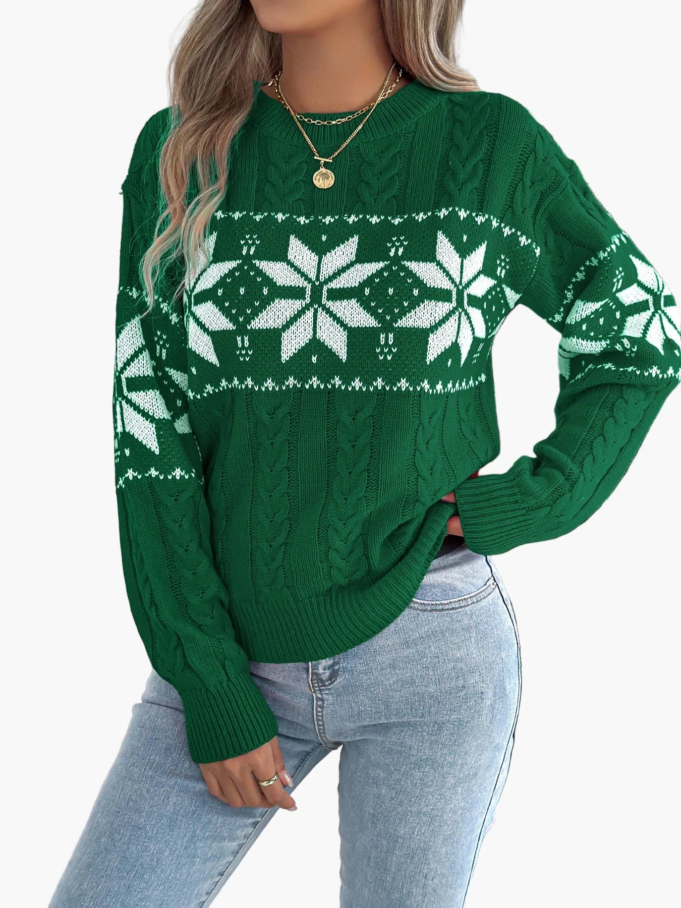 Women's Winter Sweater with Norwegian Pattern – Festive Knit Sweater for Leisure and Christmas