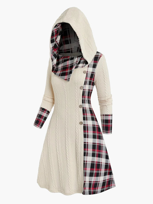 Women's hooded dress in vintage style with check pattern for autumn and winter