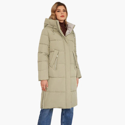 Women's winter quilted coat with hood – long, warm outdoor parka for cold days