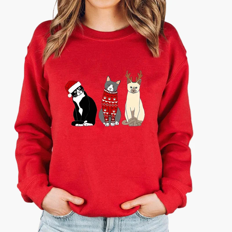 Women's Christmas Sweater with Cat, Christmas Hat and String Lights – Funny Winter Sweater for Women