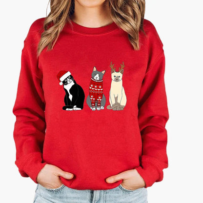 Women's Christmas Sweater with Cat, Christmas Hat and String Lights – Funny Winter Sweater for Women