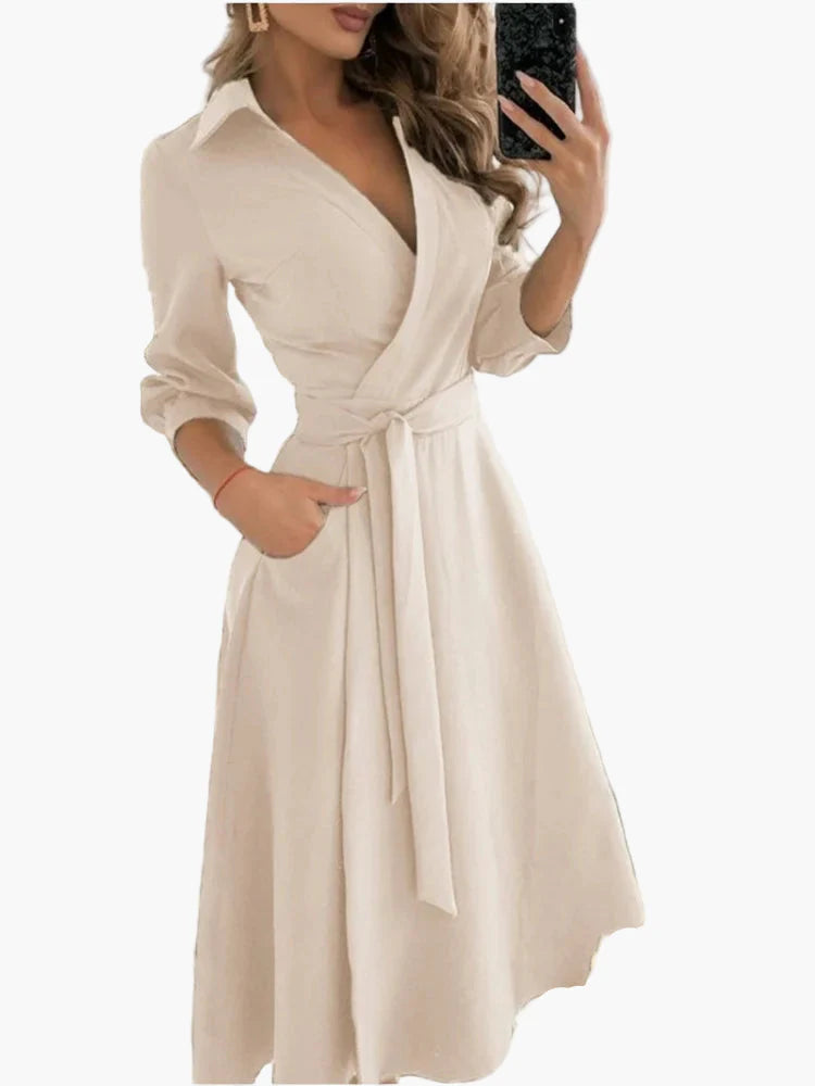 Women's Elegant Wrap Dress with Belt and Collar – Perfect for Office and Everyday Use