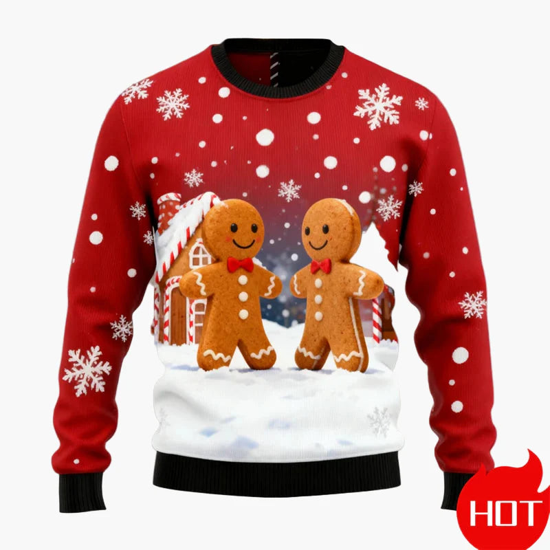 Herren Weihnachtspullover Ugly Christmas Sweater mit Lebkuchenmann, Lebkuchenhaus & Tannenbaum – Lustiger Winterpulli für Weihnachten