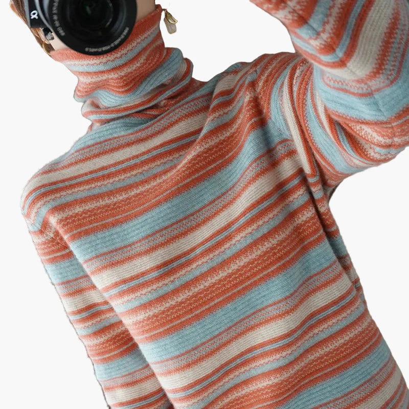 Women's turtleneck sweater with stripes – fashionable casual sweater for autumn and winter