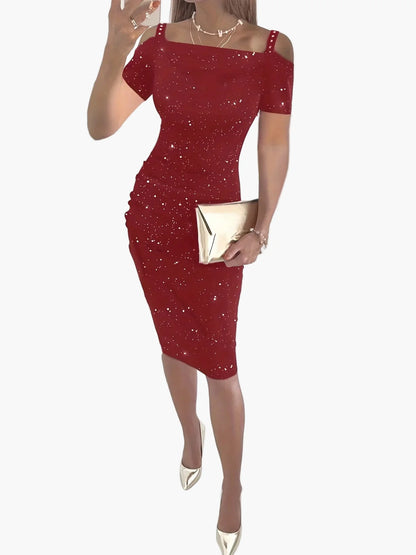 Women's off-shoulder midi dress with star pattern – elegant party and evening dress