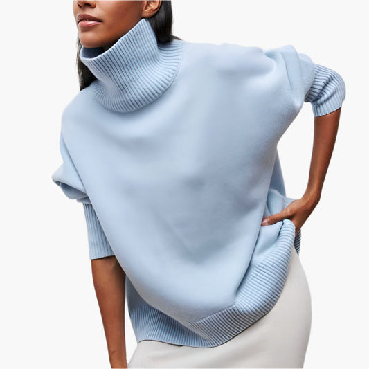 Women's sweater with stand-up collar and voluminous sleeves – Elegant everyday knit sweater