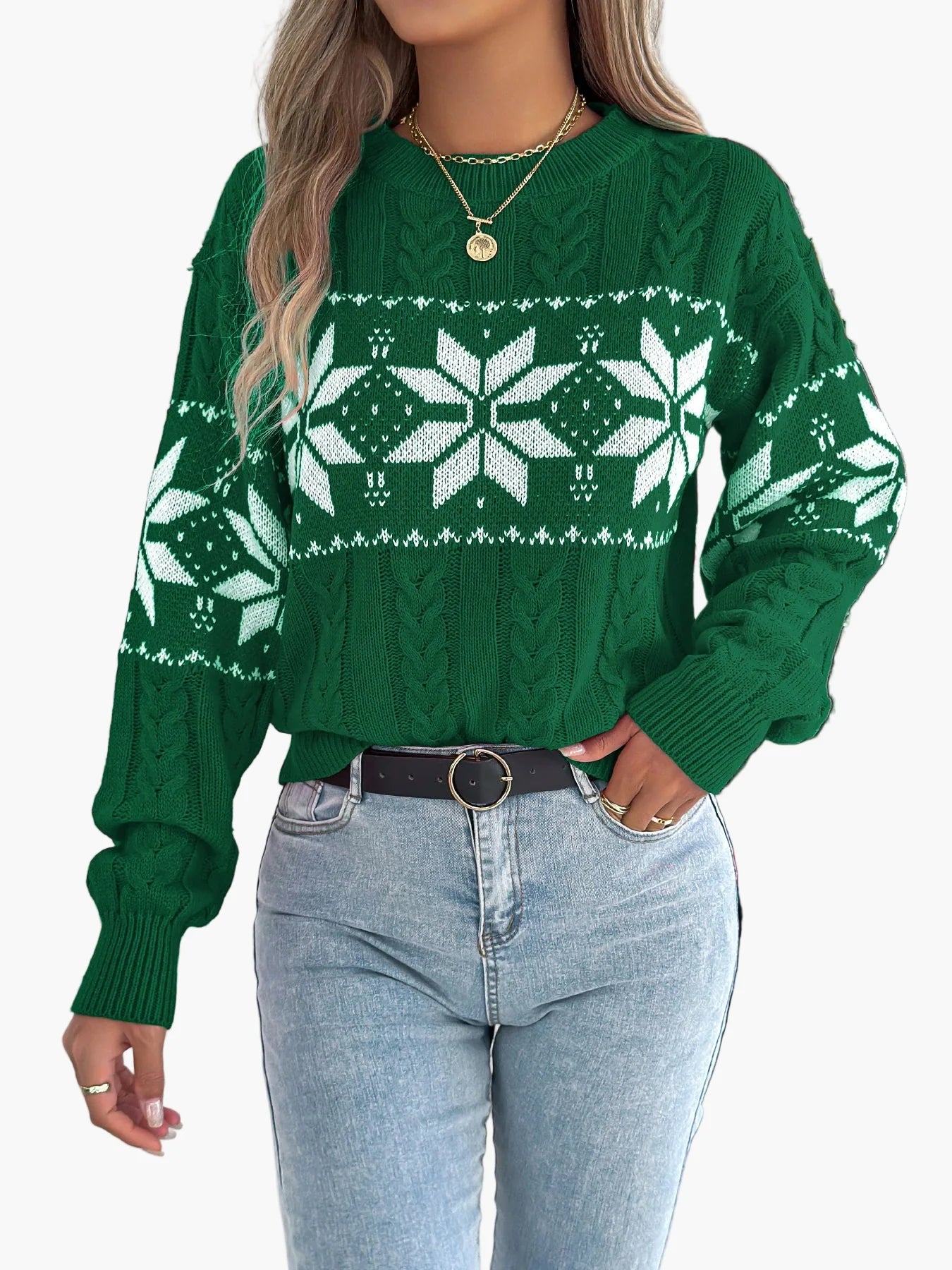 Women's Winter Sweater with Norwegian Pattern – Festive Knit Sweater for Leisure and Christmas