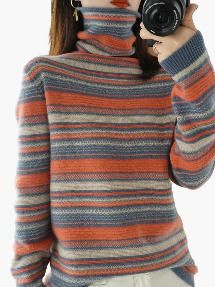 Women's turtleneck sweater with stripes – fashionable casual sweater for autumn and winter