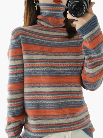 Women's turtleneck sweater with stripes – fashionable casual sweater for autumn and winter
