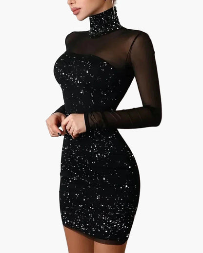 Damen Cocktailkleid mit Sternenmuster, elegantes Party-Outfit, figurbetont, Langarm