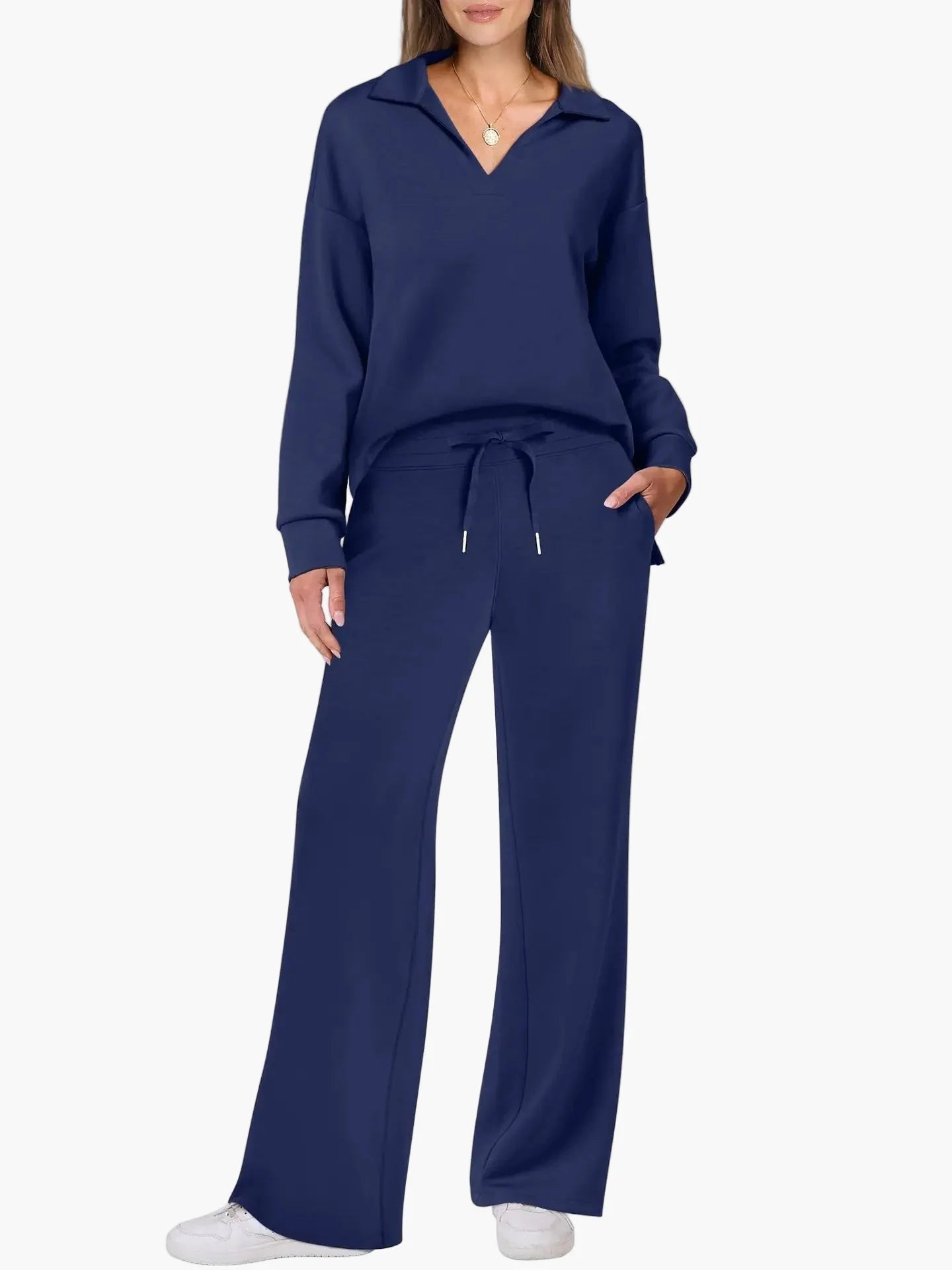 Damen Freizeit-Set mit weitem Bein und V-Ausschnitt – Bequemes Loungewear-Outfit für Alltag & Reisen
