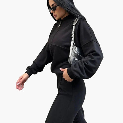 Women's Oversize Casual Suit Two-Piece with Wide Pants and Zipper Jacket – Casual Streetwear Look