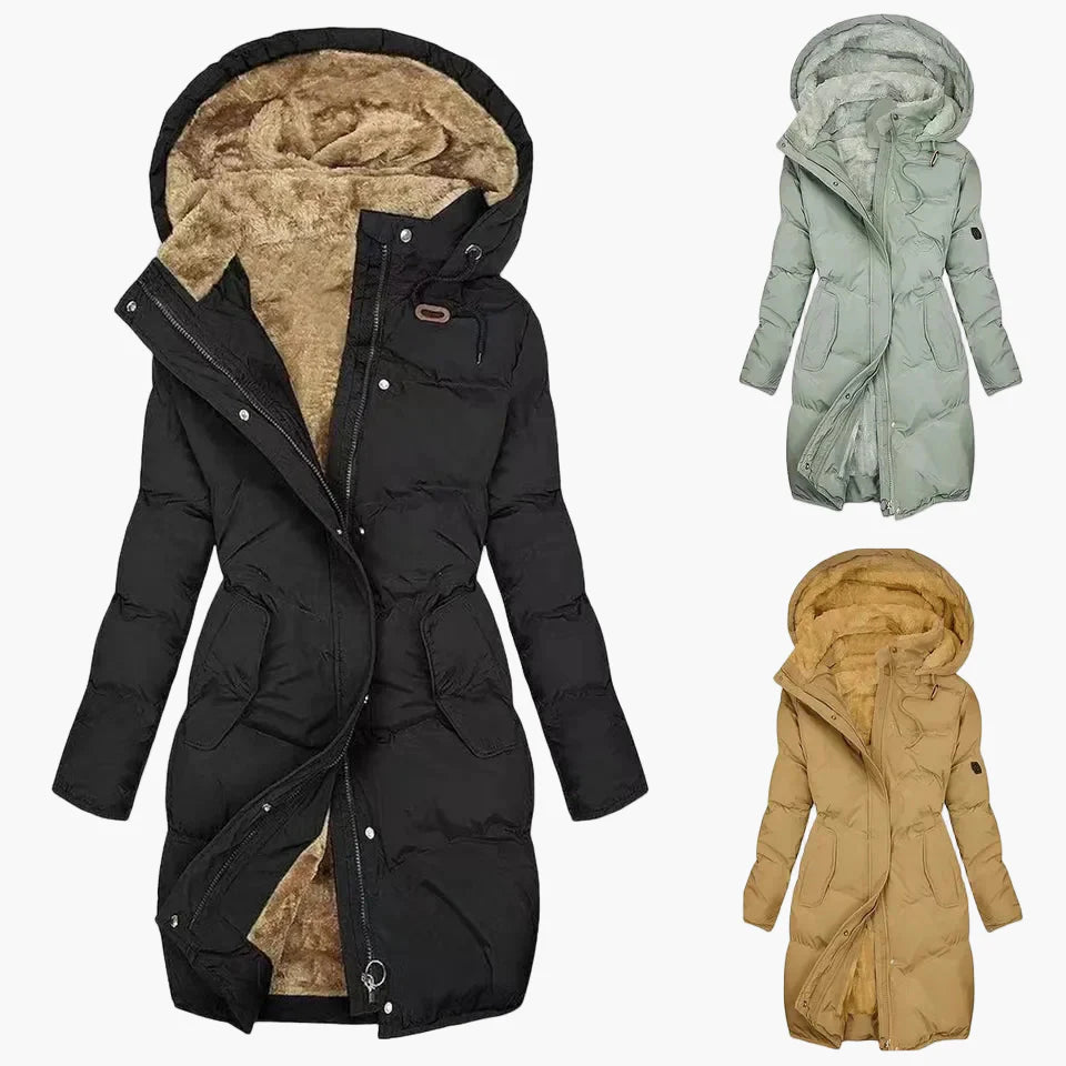 Women's winter coat with hood – Elegant long quilted coat for cold days
