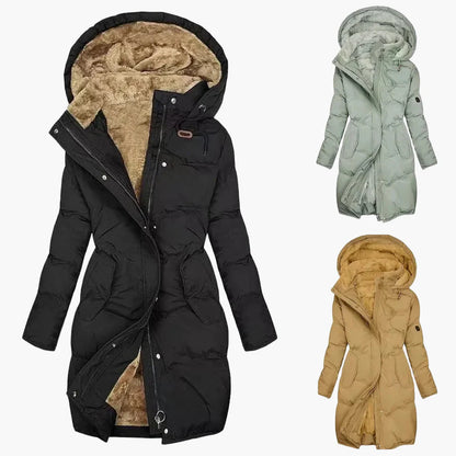 Women's winter coat with hood – Elegant long quilted coat for cold days