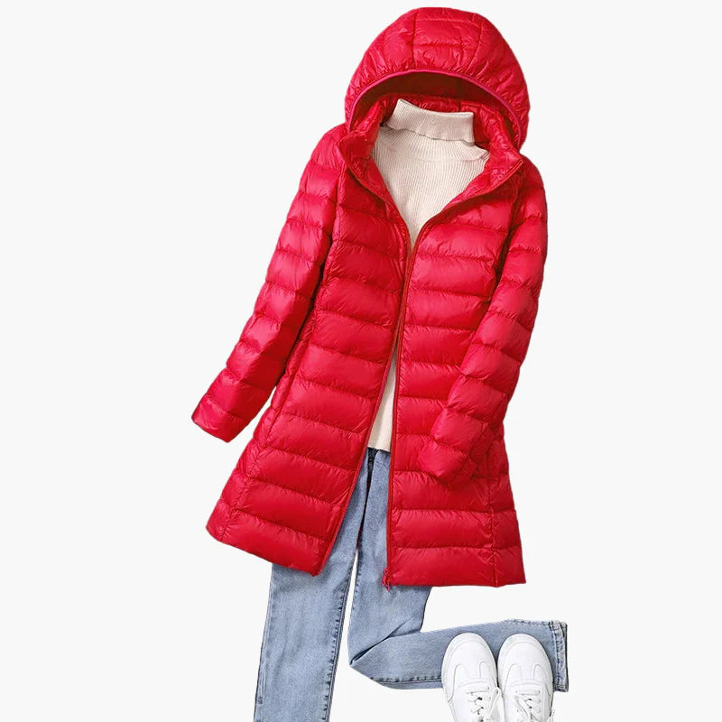 Women's winter quilted coat with hood – fashionable long coat for everyday and outdoor use