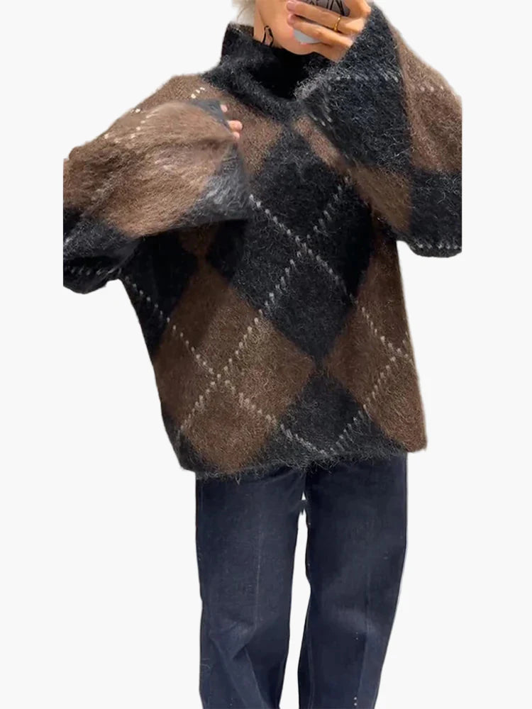 Damen Oversize Strickpullover mit Argyle-Muster – Modischer Freizeit-Look für Herbst und Winter