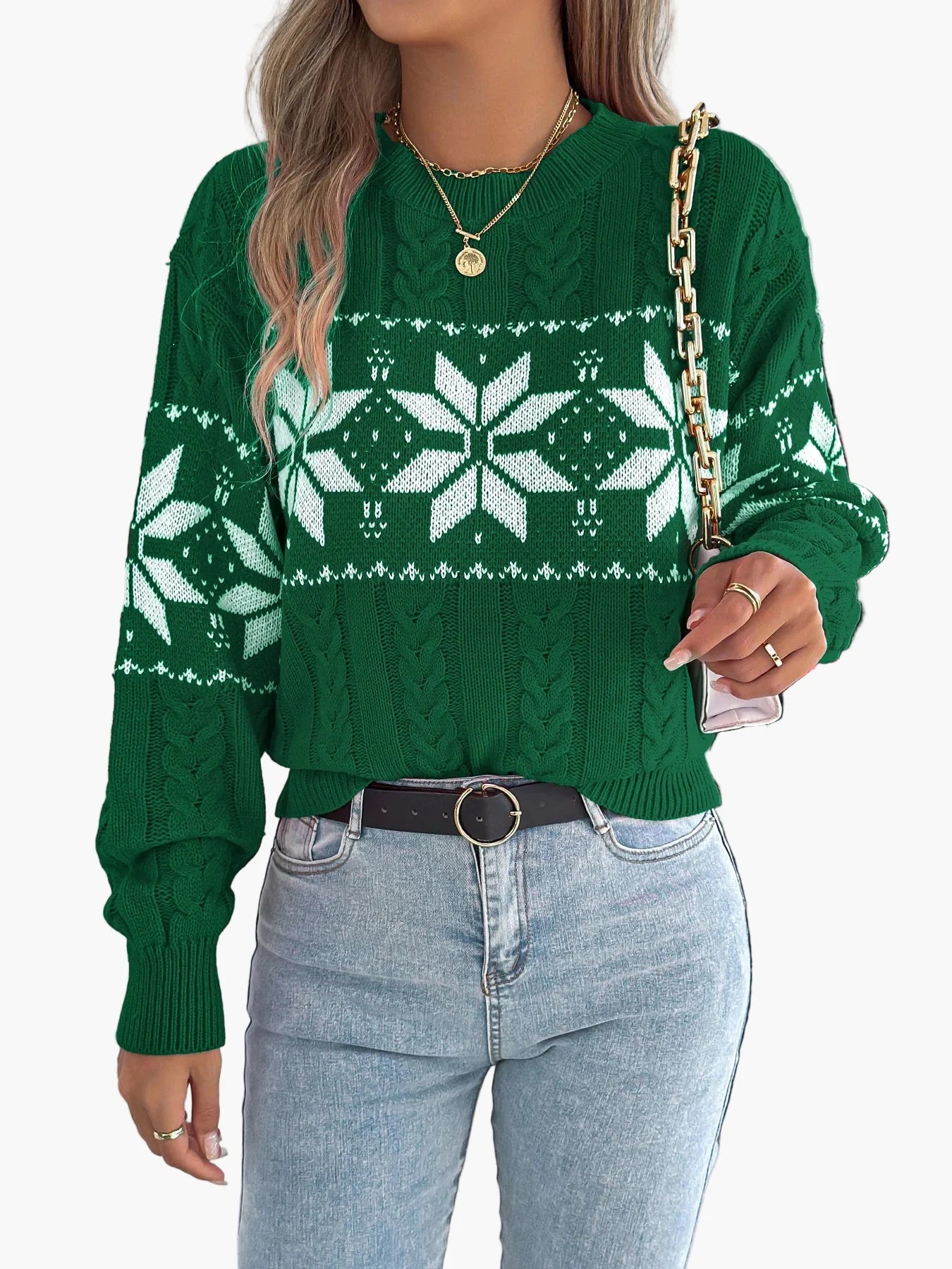Women's Winter Sweater with Norwegian Pattern – Festive Knit Sweater for Leisure and Christmas