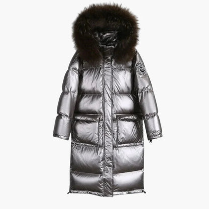 Women's winter quilted coat with hood and fur collar – elegant, long puffer for cold days