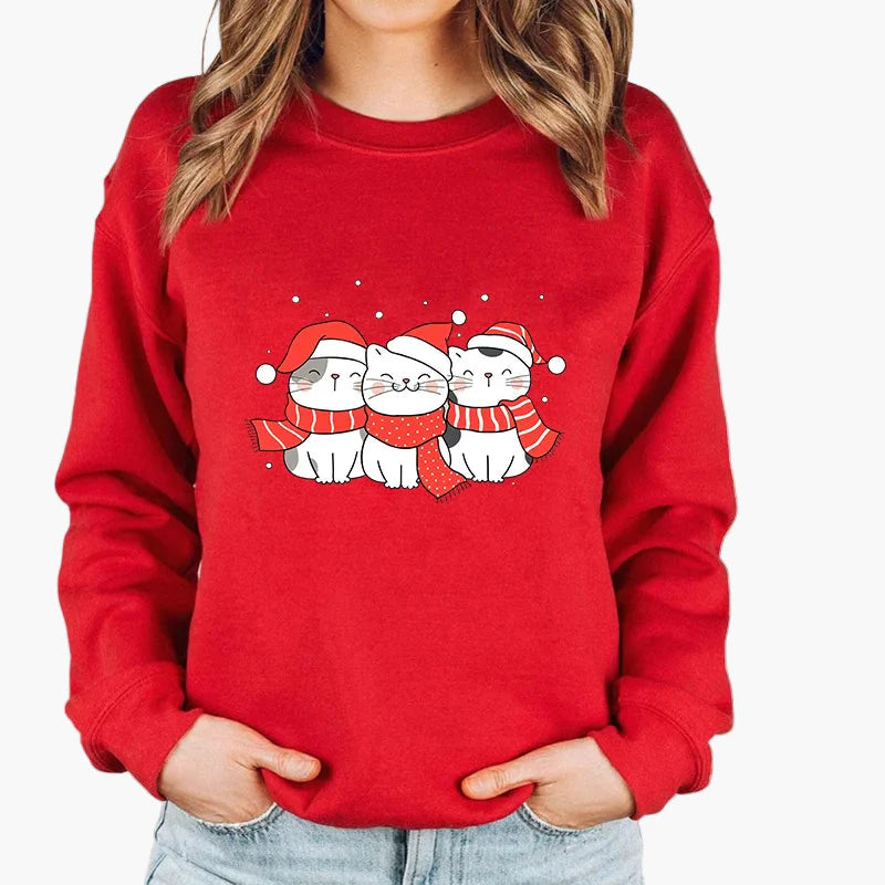 Women's Christmas Sweater with Cat, Christmas Hat and String Lights – Funny Winter Sweater for Women