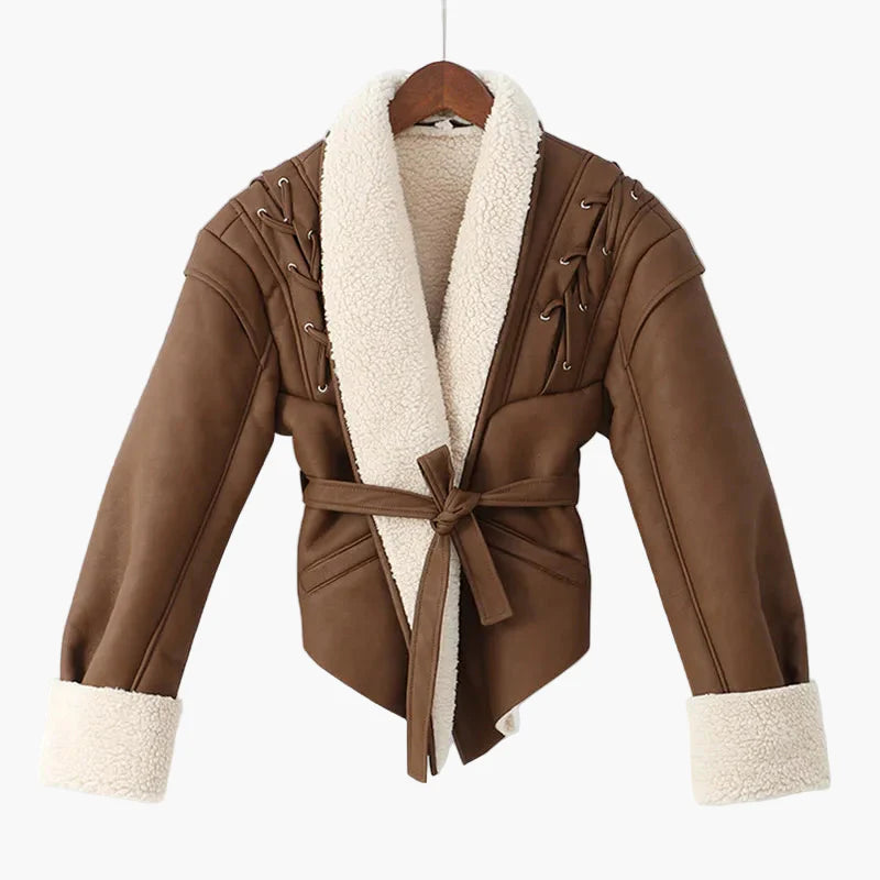 Women's Trendy Short Jacket with Shawl Collar and Belt – Fashionable Transitional Jacket for Everyday and Leisure