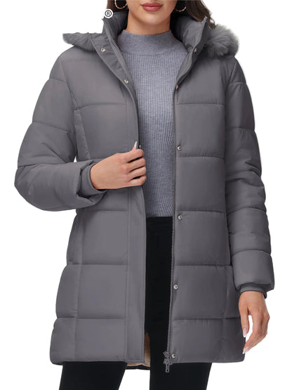 Women's winter quilted coat with hood – fashionable long puffer jacket for everyday & outdoor