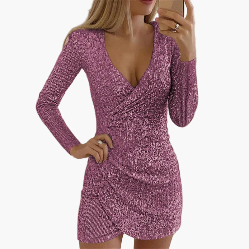 Women's glitter party dress with long sleeves and wrap look – perfect for festive occasions
