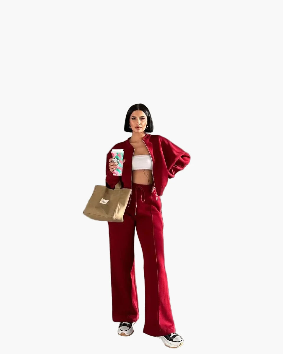 Women's Oversize Casual Suit Two-Piece with Wide Pants and Zipper Jacket – Casual Streetwear Look