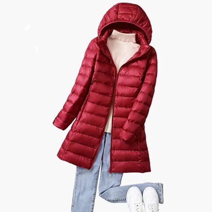 Women's winter quilted coat with hood – fashionable long coat for everyday and outdoor use