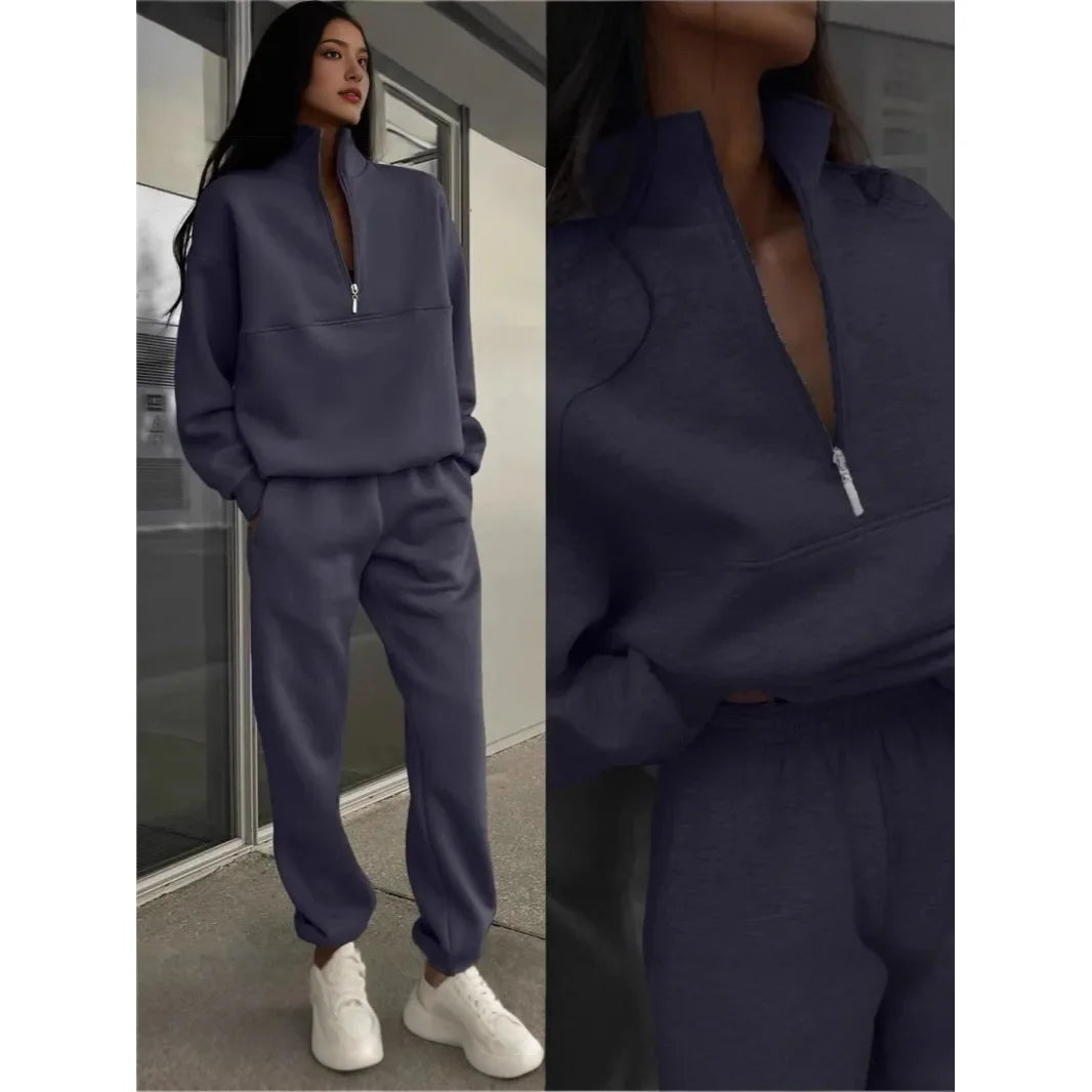 Women's Two-Piece Casual Tracksuit with Stand-Up Collar and Zipper – Casual Set for Everyday and Sports