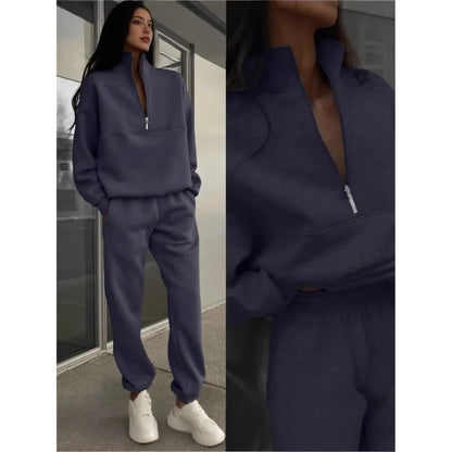 Women's Two-Piece Casual Tracksuit with Stand-Up Collar and Zipper – Casual Set for Everyday and Sports