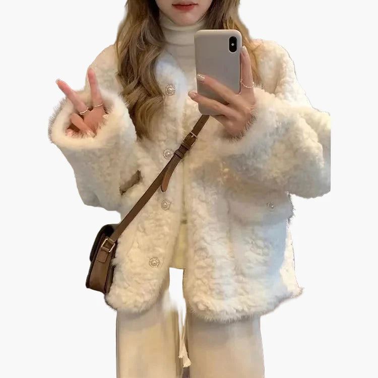 Damen Vintage Kuscheljacke mit Knöpfen – Modische Winterjacke für Alltag und Freizeit