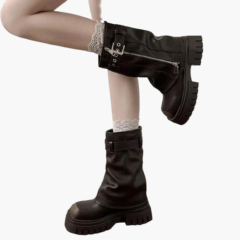 Women's platform boots with zipper and buckles trendy autumn winter look