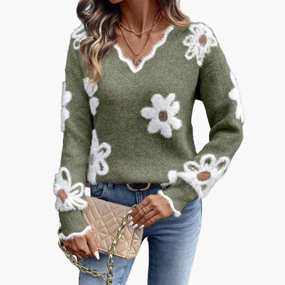 Damen Pullover mit Blumenmuster und V-Ausschnitt – Modischer Freizeit-Strickpullover für Alltag und Büro