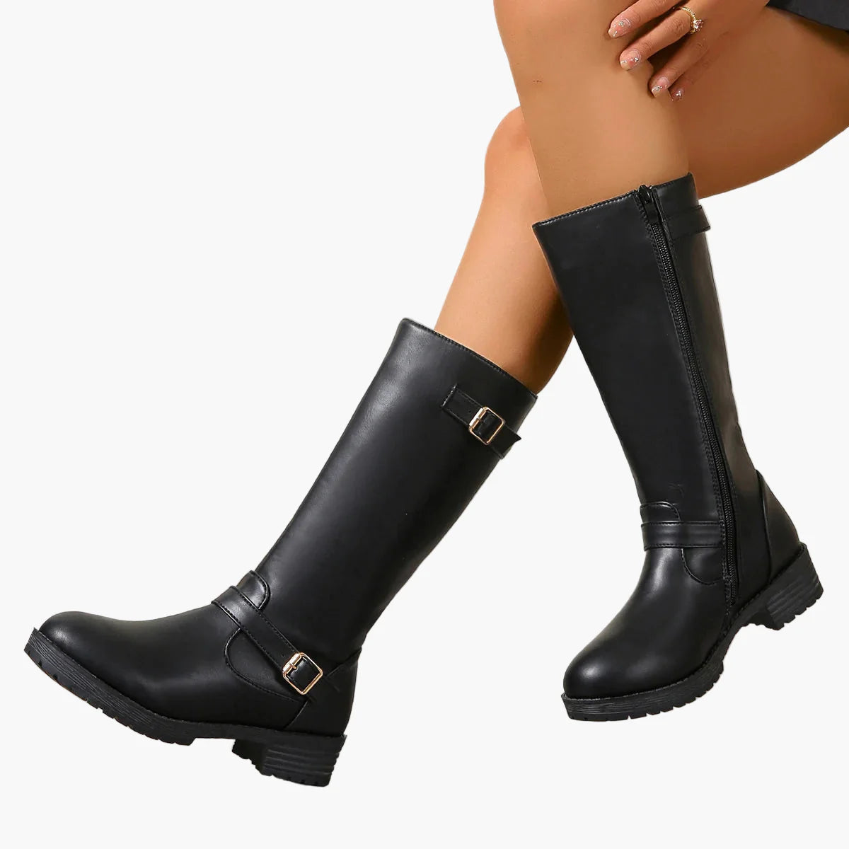 Women's boots with buckles and zipper – Fashionable knee-high boots for autumn and winter