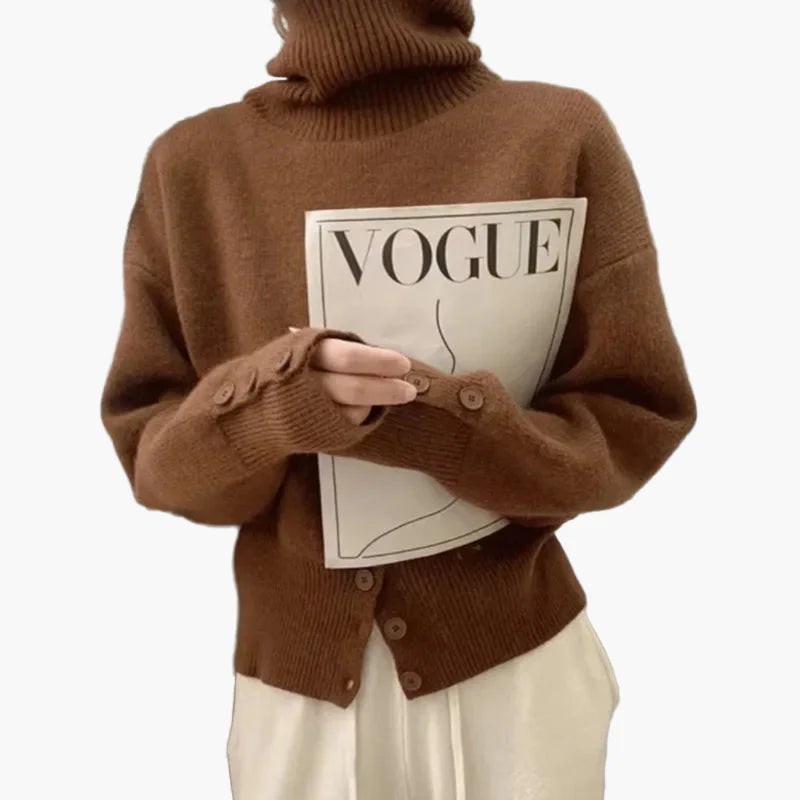 Women's knitted sweater with stand-up collar and button placket – fashionable casual look